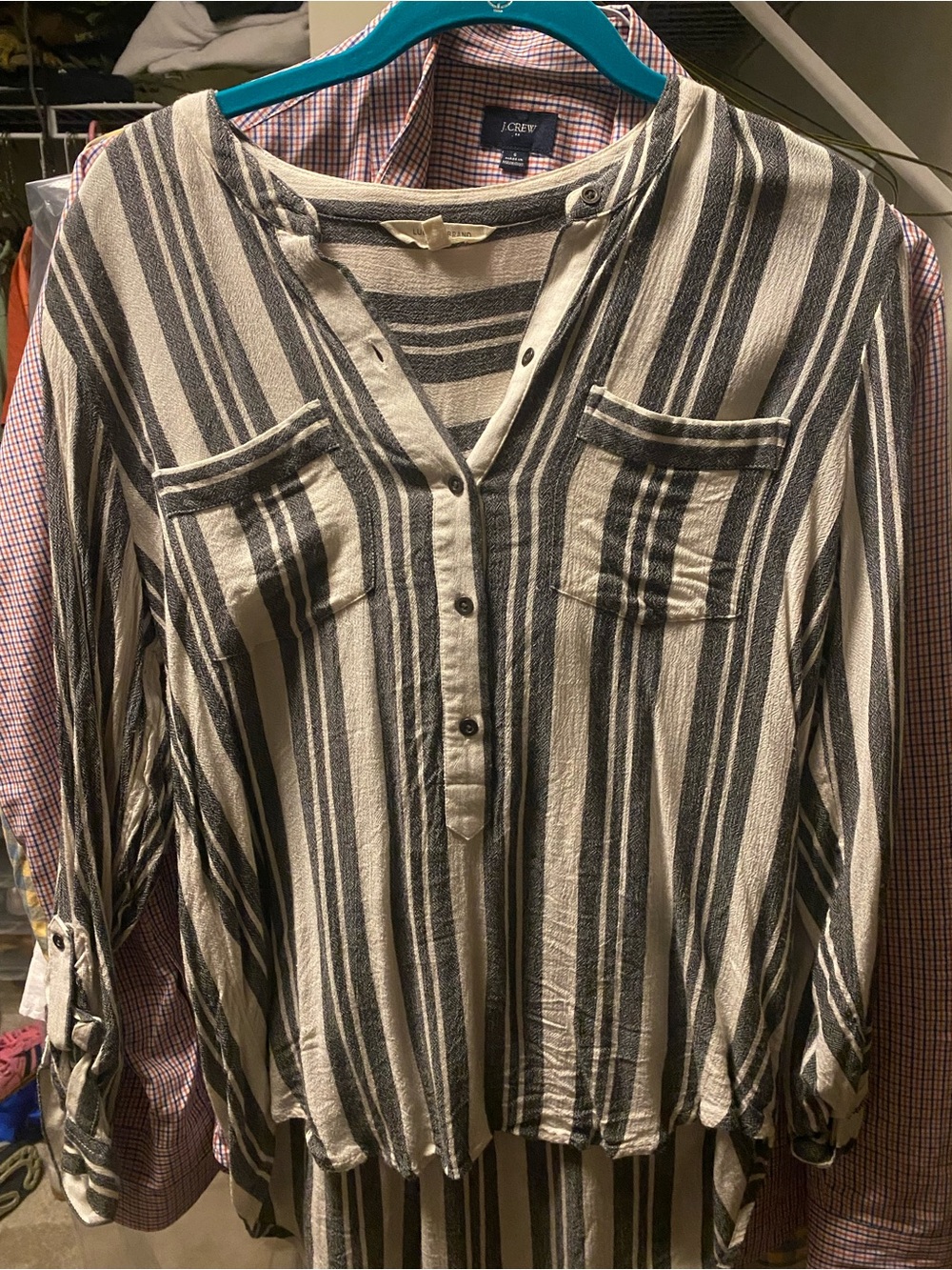 Lucky Brand Black and Cream Striped Button-Down Women's Top